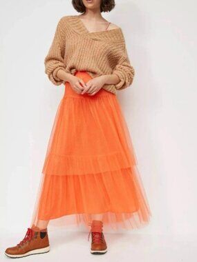 Anthropologie | Evelyn Tulle Midi Skirt Bright Orange | Size	Medium